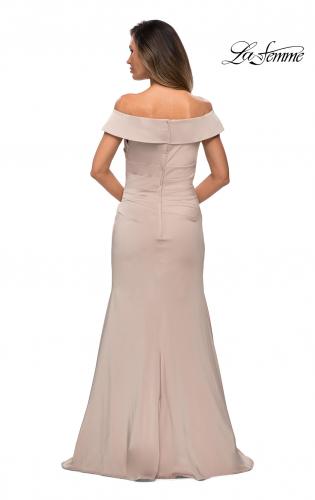 Picture of: Off the Shoulder Satin Evening Gown with Ruching in Champagne, Style: 28110, Back Picture