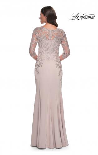 Picture of: Fitted Long Satin Dress with Lace Bodice and Sleeves in Champagne, Style: 31194, Back Picture