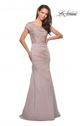 Picture of: Long Jersey Dress with Embellished Ruched Top in Champagne, Style: 26806, Detail Picture 1