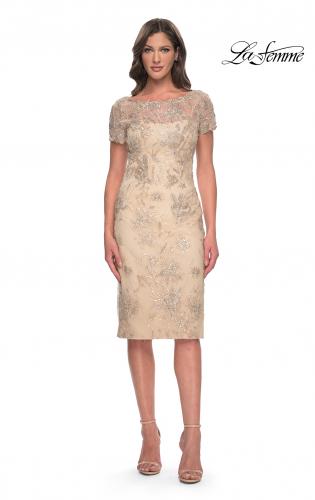 Picture of: Beaded Short Evening Dress with Illusion Neckline in Champagne, Style: 30801, Detail Picture 1