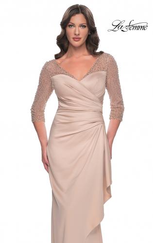 Picture of: Stunning Satin Dress with Gathered Waist and Beaded Illusion Sleeves in Champagne, Style: 31011, Detail Picture 1