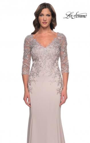 Picture of: Fitted Long Satin Dress with Lace Bodice and Sleeves in Champagne, Style: 31194, Detail Picture 1