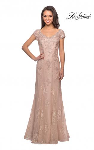 Picture of: Short Sleeve Lace Evening Dress with V Neckline in Ballet Pink, Style: 28099, Detail Picture 2