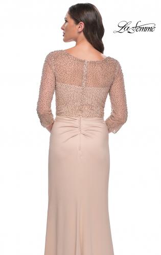 Picture of: Stunning Satin Dress with Gathered Waist and Beaded Illusion Sleeves in Champagne, Style: 31011, Detail Picture 2