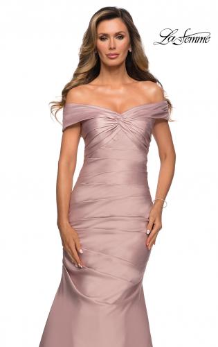Picture of: Off the Shoulder Satin Evening Gown with Pleating in Champagne, Style: 28047, Detail Picture 3