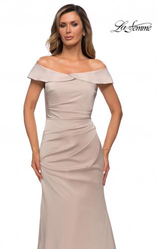 Picture of: Off the Shoulder Satin Evening Gown with Ruching in Champagne, Style: 28110, Detail Picture 3