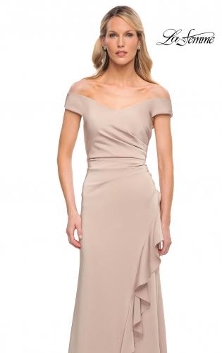 Picture of: Off the Shoulder Jersey Evening Gown with Ruffle Skirt Detail in Champagne, Detail Picture 4