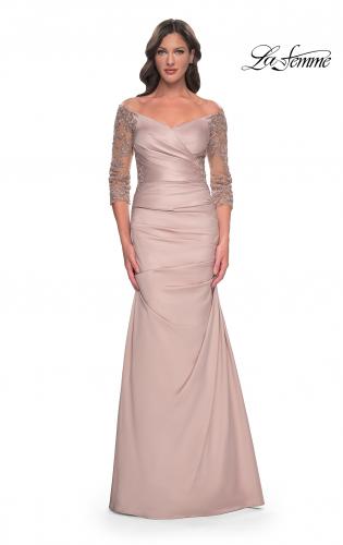 Picture of: Mermaid Satin Dress with Gathering and Off the Shoulder Top in Champagne, Style: 30853, Detail Picture 5