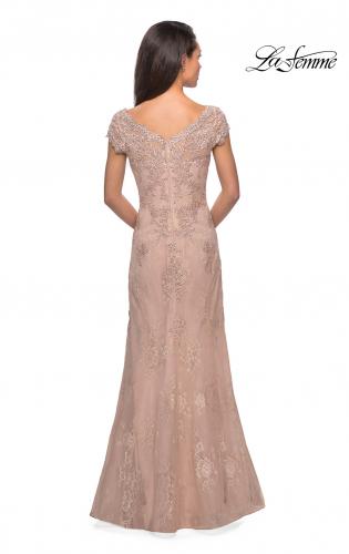 Picture of: Short Sleeve Lace Evening Dress with V Neckline in Ballet Pink, Style: 28099, Detail Picture 7