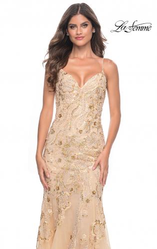 Picture of: Mermaid Sequin and Beaded Embellished Prom Dress in Pastels in Champagne, Style: 32333, Detail Picture 8