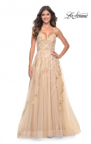 Picture of: Fabulous A-Line Gown Embellished with Sequin Beaded Applique in Champagne, Style: 32032, Detail Picture 11