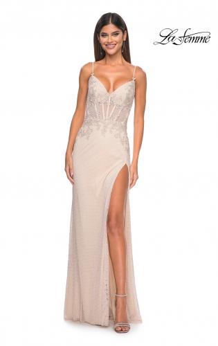 Picture of: Gorgeous Rhinestone Fishnet Gown with Lace Embellishments in Champagne, Style: 32292, Detail Picture 17