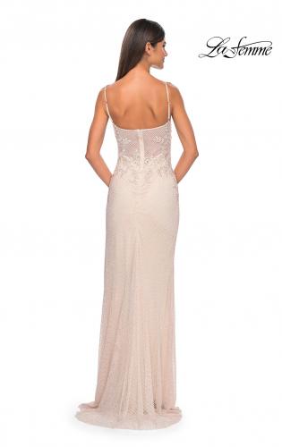 Picture of: Gorgeous Rhinestone Fishnet Gown with Lace Embellishments in Champagne, Style: 32292, Detail Picture 18