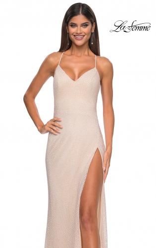 Picture of: Rhinestone Fishnet Dress with V Neck and Lace Up Back in Champagne, Style: 32203, Detail Picture 1