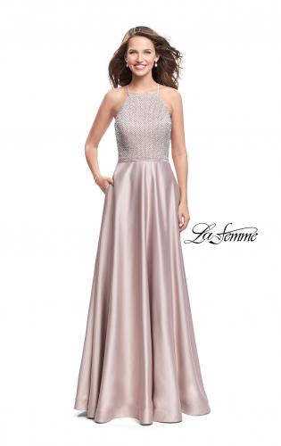 Picture of: Satin A-line Ball Gown Featuring Beading and a High Neck in Champagne, Style: 25601, Detail Picture 2
