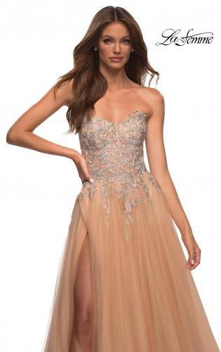 Picture of: Tulle and Lace Ballgown with High Slit and Pockets in Champagne, Detail Picture 2