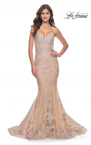 Picture of: Mermaid Lace Gown with Illusion Bodice and Open Back in Champagne, Style: 30716, Detail Picture 2