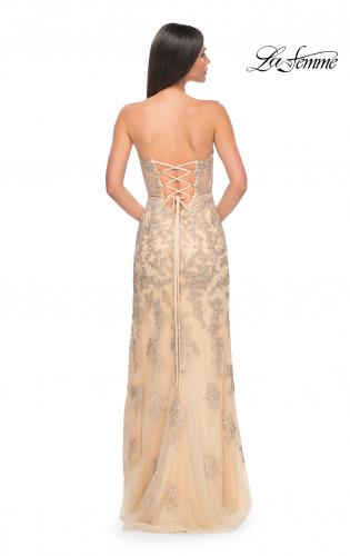 Picture of: Embroidered Lace Fitted Prom Dress with Lace Edge Slit in Champagne, Style: 32013, Detail Picture 3