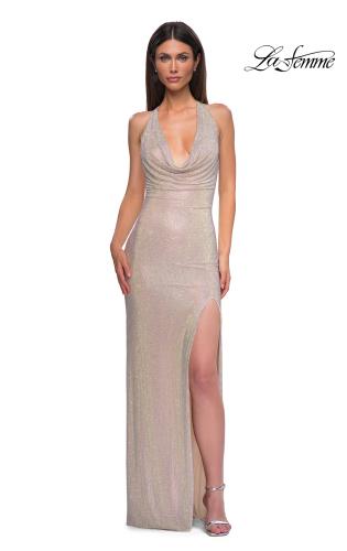 Picture of: Gorgeous Rhinestone Encrusted Fitted Dress with Draped Neckline in Champagne , Style 32915, Detail Picture 3