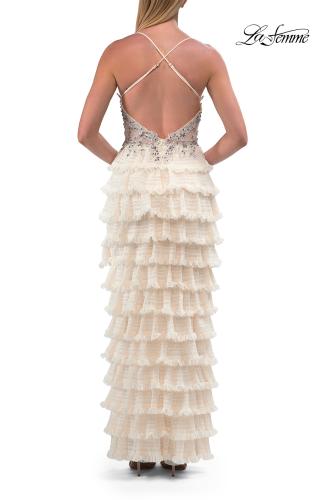 Picture of: Rhinestone Corset Ruffle Tier Gown with High Slit and Open Back in Champagne, Style: 33751, Detail Picture 3