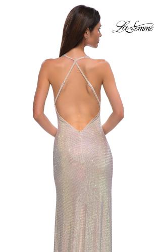 Picture of: Gorgeous Rhinestone Encrusted Fitted Dress with Draped Neckline in Champagne , Style 32915, Detail Picture 4