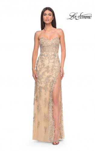 Picture of: Embroidered Lace Fitted Prom Dress with Lace Edge Slit in Champagne, Style: 32013, Detail Picture 6