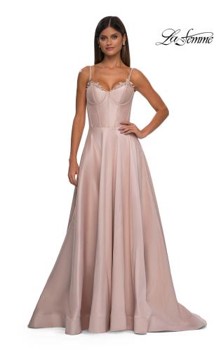 Picture of: Mikado A-line Gown with Lace Detail Neckline in Champagne, Style: 32878, Detail Picture 7