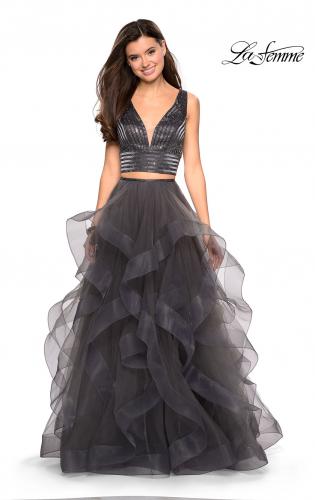 Picture of: Two Piece Metallic Tulle Dress with Rhinestone Bust in Charcoal, Style: 27445, Detail Picture 2