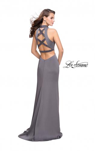 Picture of: Long Jersey Prom Dress with Side Cut Outs and Beading in Charcoal, Style: 25641, Detail Picture 2