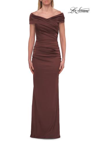 Picture of: Off-the-Shoulder Ruched Satin Evening Gown in Chocolate, Style: 33620, Detail Picture 1
