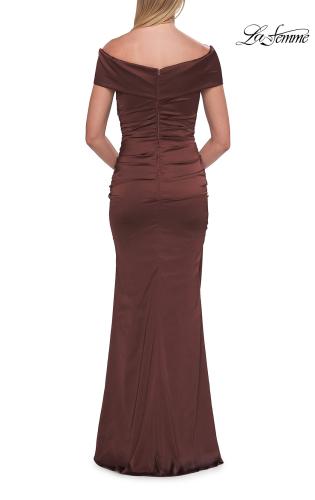 Picture of: Off-the-Shoulder Ruched Satin Evening Gown in Chocolate, Style: 33620, Detail Picture 2