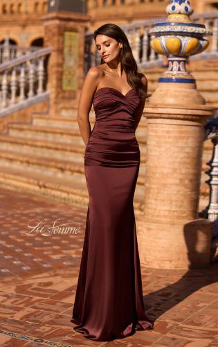 Picture of: Simple Strapless Satin Gown with Ruching Detail in Chocolate, Style: 33531, Detail Picture 1