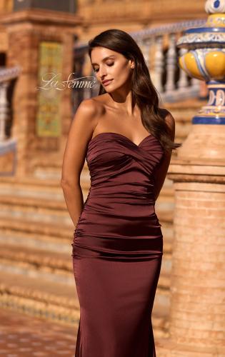 Picture of: Simple Strapless Satin Gown with Ruching Detail in Chocolate, Style: 33531, Detail Picture 2