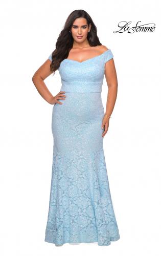 Picture of: Off the Shoulder Lace Plus Dress with Defined Waist in Cloud Blue, Style: 28883, Main Picture