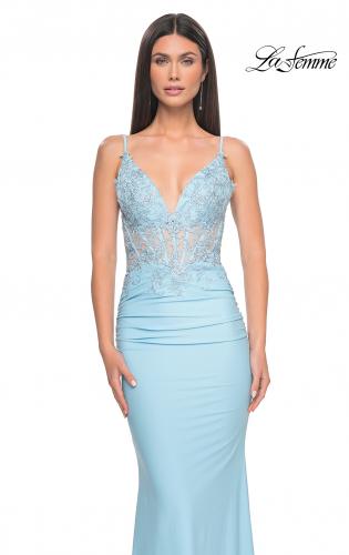 Picture of: Illusion Lace V Neck Top with Jersey Skirt Dress in Bright Colors in Cloud Blue, Style: 31128, Main Picture