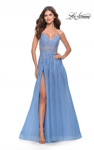 Picture of: A-Line Tulle Prom Dress with Lace Applique Sheer Bodice in Cloud Blue, Style: 31284, Main Picture