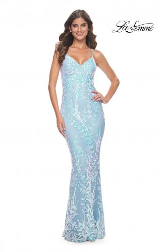 Picture of: Fitted Print Sequin Pastel Prom Dress in Cloud Blue, Style: 31944, Main Picture