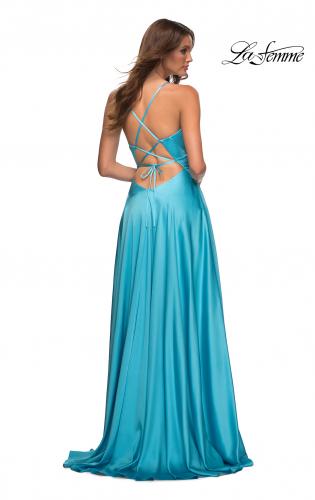 Picture of: Bright Satin Gown with Criss-Cross Ruched Top in Cloud Blue, Style: 30662, Detail Picture 12