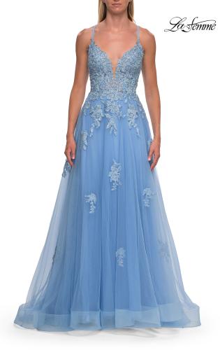 Picture of: Floral Beaded Tulle Gown with Slit and Lace-Up Back in Cloud Blue, Style: 33716, Detail Picture 13