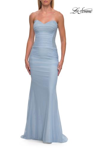 Picture of: Strapless Mesh Evening Gown with Ruching and Sheer Beaded Back in Cloud Blue, Style: 33431, Detail Picture 14