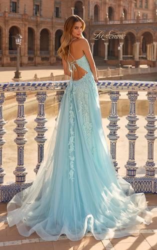 Picture of: Beaded A-Line Tulle Gown with Slit and Open Tie Back in Cloud Blue, Style: 33715, Back Picture