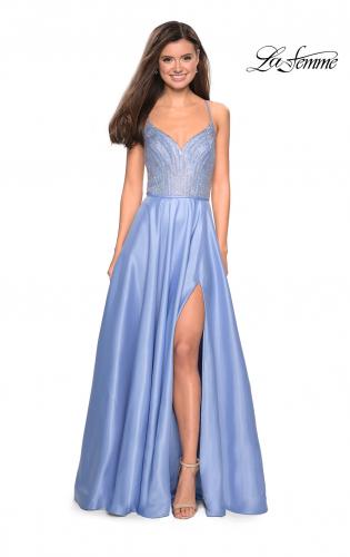 Picture of: Long Mikado Gown with Rhinestone Bodice and Slit in Cloud Blue, Style: 27634, Detail Picture 1