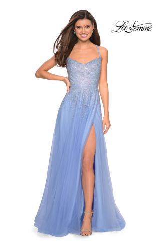 Picture of: Long Tulle Ball Gown with Cascading Rhinestones in Cloud Blue, Style: 27750, Detail Picture 1