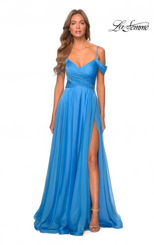 Picture of: Off the Shoulder Chiffon Dress with Scoop Back in Cloud Blue, Style: 28942, Detail Picture 1