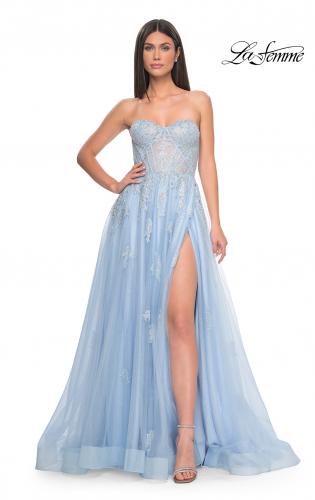 Picture of: Gorgeous Lace A-Line Dress with Rhinestone Lace Details in Cloud Blue, Style: 32111, Detail Picture 1