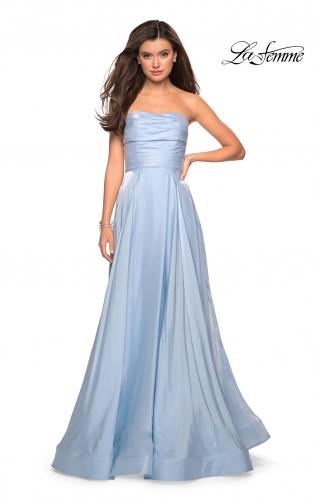Picture of: Strapless Satin Gown with Ruching and Pockets in Cloud Blue, Style: 27130, Detail Picture 2