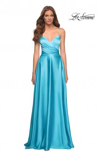 Picture of: Bright Satin Gown with Criss-Cross Ruched Top in Blue, Style: 30662, Detail Picture 4