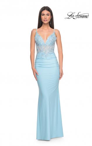 Picture of: Illusion Lace V Neck Top with Jersey Skirt Dress in Bright Colors in Cloud Blue, Style: 31128, Detail Picture 5