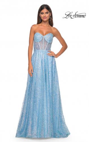 Picture of: Sequin Rhinestone A-Line Tulle Sweetheart Gown with Lace Up Back in Cloud Blue, Style: 32136, Detail Picture 5