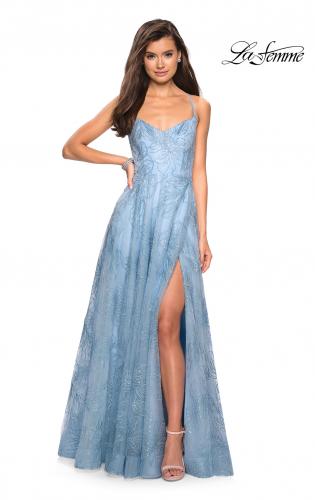 Picture of: Lace Prom Dress with Floral Detail and Side Leg Slit in Cloud Blue, Style: 27704, Detail Picture 6